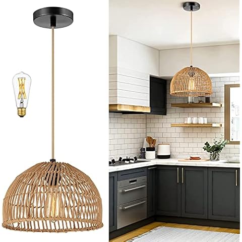 Pendant Light - Hanging Lamp for Dining Room - Rattan Wicker (Large) Cover