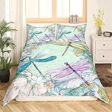 Feelyou Girls Dragonfly Bedding Set Floral Dragonfly Duvet Cover for Kids Boys Girls Ornamental Dragonfly Comforter Cover Botanical Bedspread Cover 1 Duvet Cover with 2 Pillowcases Queen Size