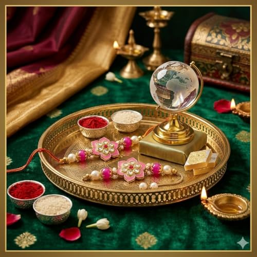 Image of SAUDEEP INDIA Feng Shui Crystal Globe Idol with Golden Stand for Home Decor, Success, Good Luck & Prosperity | Vastu Glass Miniature Globe | Free Couple Rakhi for Bhaiya Bhabhi Gift Combo