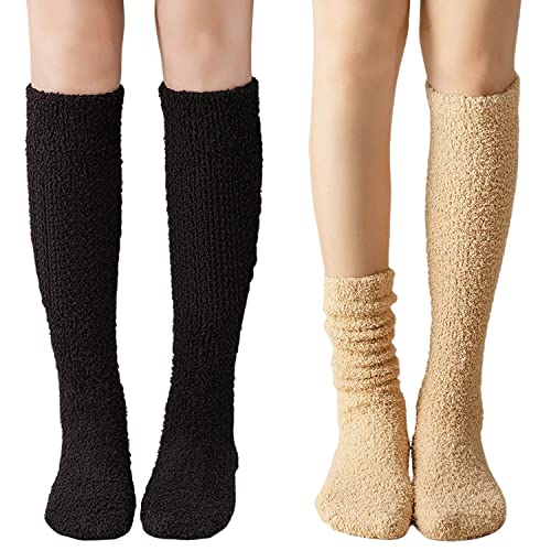 Chaussettes montantes douces et chaudes pour femme - En polaire moelleuse - Pour l'hiver, Noir + beige., taille unique Cover