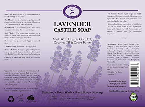 Carolina Lavender Castile Soap Liquid – Skin-Softening Olive Oil Soap Organic Body Wash – Pure Castile Soap Lavender Liquid Soap – Vegan Castille Soap Liquid (Lavender, 32 Ounces) #TOP5