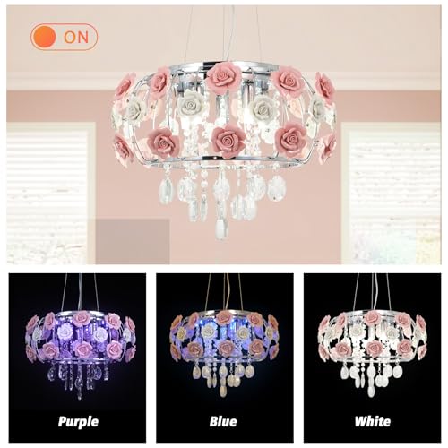 Ruiwing Home PINK-ROSEELQ0076 Romantic Pink Chandelier Ceramic Rose Flower Chandelier, Modern Crystal Pendant Lamp Hanging Ceiling Mount Light thumb #6
