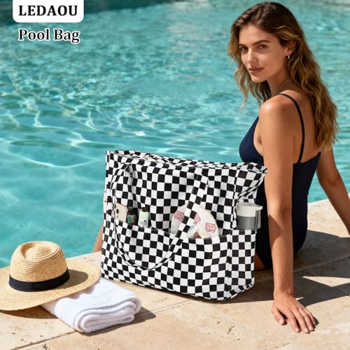 Image of LEDAOU Large Beach Bag Women Waterproof Sandproof Zipper Beach Tote Pool Bag for Swim Gym Grocery Travel with Wet Pocket