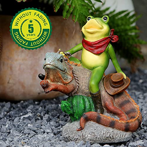 Vojuan Frog Garden Decor Cowboy Frog Figurines And Statues Riding Iguana Funny Yard Decorations Garden Decor For Outside Statues #TOP3