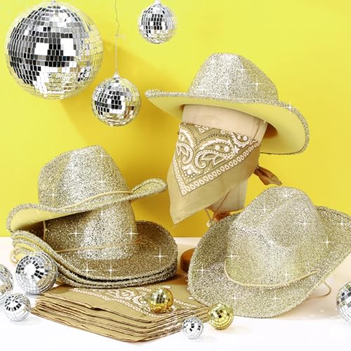 Image of Coume 12 Pcs Sparkly Adults Cowboy Hat and Bandanas Women Men Western Glitter Cowgirl Party Hats with Adjustable Drawstring