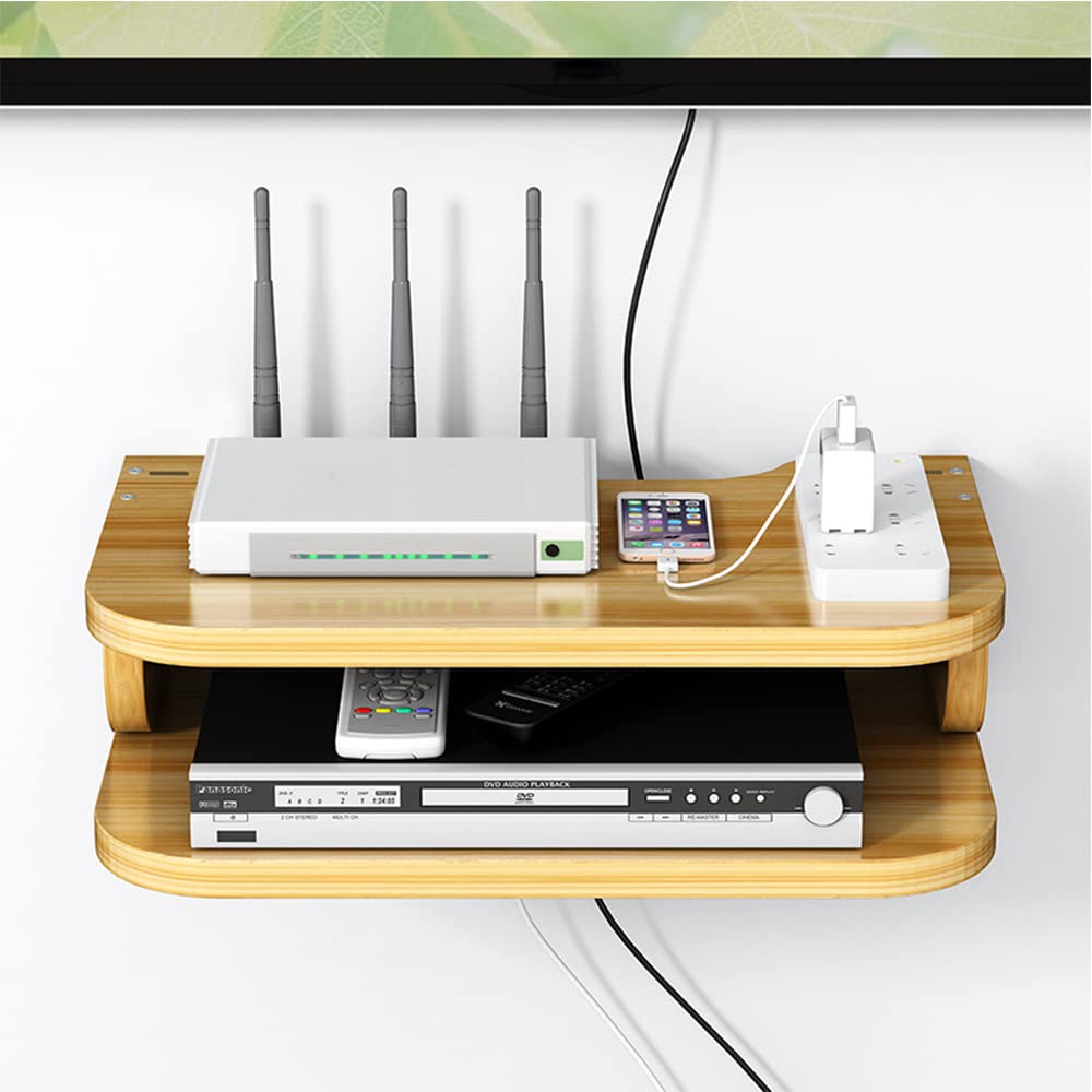 Hggzeg WiFi Router Aufbewahrungsbox Schwebende Regale TV Set-Top-Rack, Wandmontage mehrschichtige Kabel-Management Lagerregal für Wanddekoration (jl01,Kirschholz)
