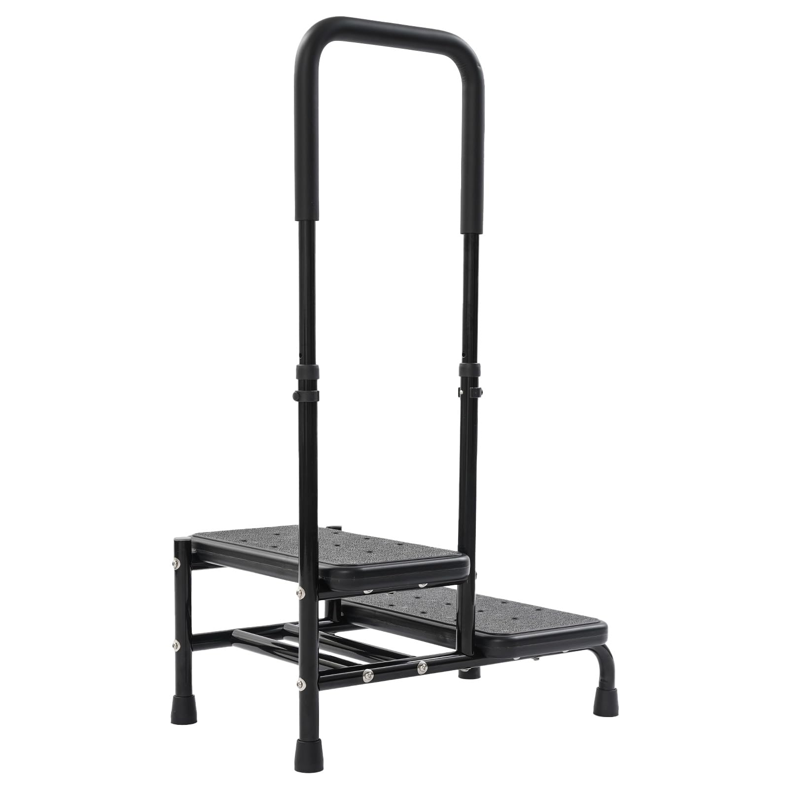 Sgabello con maniglia, 2 livelli, regolabile in altezza, nero | Sgabello a 2 gradini, con corrimano regolabile, portata fino a 135 kg, autoportante, per bagno, letto, cucina e casa