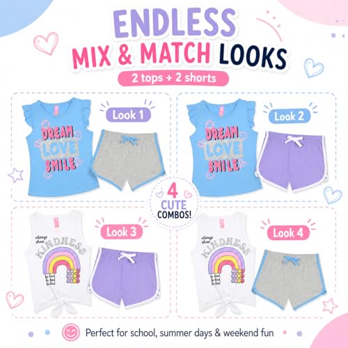 Image of Dreamstar Girls 4 Piece Outfit Set - Sleeveless Graphic Top with Dolphin Shorts, Cute Summer Matching Set for Kids and Tweens