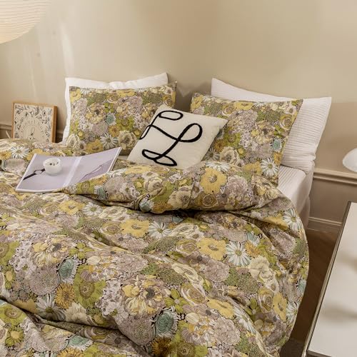ECOCOTT Floral Duvet Cover Queen Size - Vintage Chic Garden Style Floral Pattern Printed Flower Duvet Cover Set Super Soft Comforter Quilt Cover with Zipper Closure 4 Ties