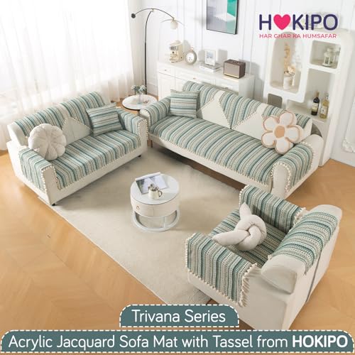 Image of HOKIPO Sofa Backrest Cover with Tassel | 300 GSM Thick Cotton Acrylic Jacquard Fabric Backrest Mat, Size 55x70 cm,'Trivana Series' Olive Green (IN-932-J1)