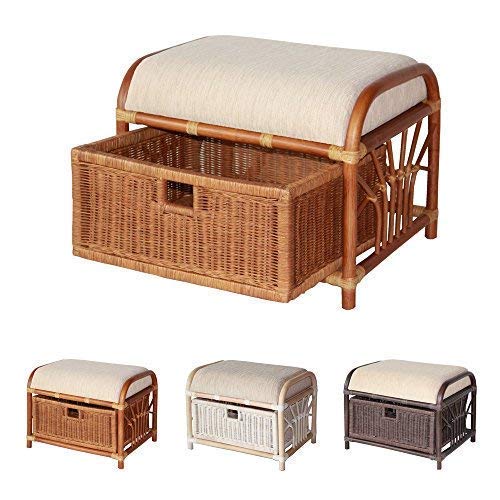 Krit Handmade Rattan Wicker Ottoman Footstool Pouf Stool w Basket w Cushion Color Colonial (Light Brown)