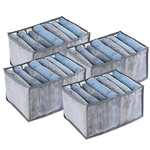 RANJIMA Organizadores de Cajones de Tela Cajas Almacenamiento, Caja Divisoria de Malla con 7 Compartimentos de Almacenamiento,Plegables para camisetas,Vaqueros,Ropa Interior y Corbatas 4Pcs-Gris