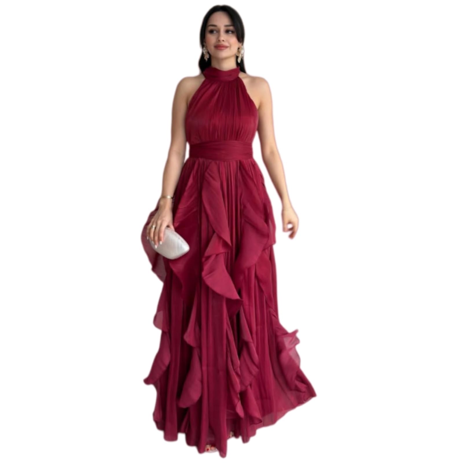 Vestito Donne Halter Maxi Abito Una Linea Senza Maniche Alta Vita Ruffle Hem Elegante Serata Festa Lungo Abito-Wine Red-XS