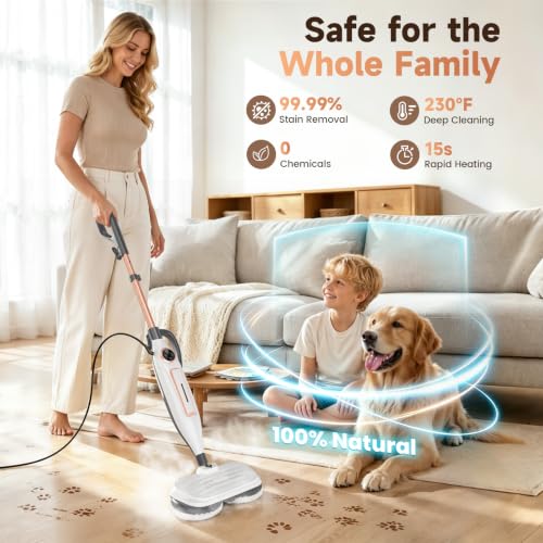 Image of DEVOAC VM6 Scrubbing Steam Mop with Rotating Mop Pads, 10 in 1 Steam Mop, Lightweight Spin Mop & 3 Steam Modes for Hard Floor Laminate Marble Floors (Whitegold)