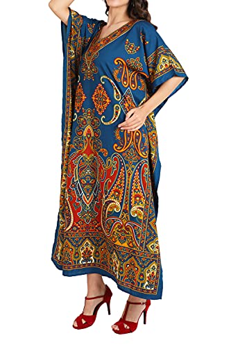 Miss Lavish London Teal Kaftan Dress for Women V Neck Short Sleeve Beach Vacation Bikini Swimsuit Cover Ups for Summer, Ethnic Print Plus Size Batwing Sleeve Caftan Maxi Beach Dress with Pockets - 2XL - Image 6