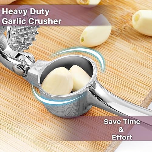 Image of Quick Garlic Press Crusher - Stainless Steel Garlic Mincer & Ginger and Garlic Crusher, Manual Curved Grinder with Garlic Peeler Tool & Chopper (Medium Size)