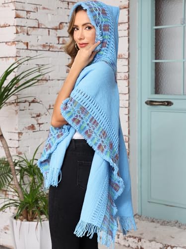 Women's Shawl Wraps Bohemian Casual Poncho Cape Tassel Sweater Open Front Cardigan Scarves with Hood3