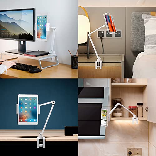Image of iPad Desk Mount, Adjustable Tablet Holder Clamp, 360 degree Rotation, Sturdy Aluminum Tablet Arm Mount for 4.7 inch-13 inch iPad Pro /Air /Mini, iPhone, Galaxy Tab, for Kitchen, Work, Video Call(White)