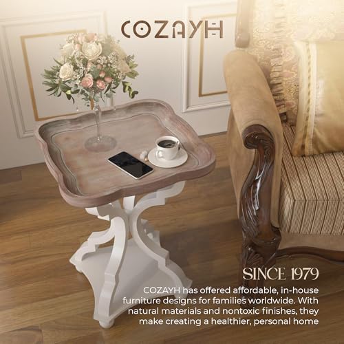 COZAYH Square End Table with Rustic Wood Tray Top and White Curved Legs, 19"x19"x25" – French Country Accent for Bedroom, Living Room, Dining or Entryway – Farmhouse-Style Furniture Piece - Image 7