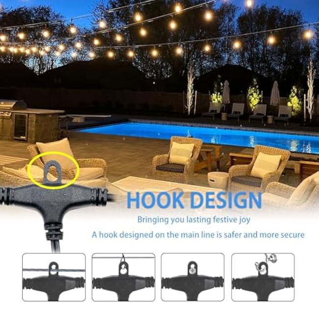 24 Feet Outdoor String Lights | IP65 Waterproof with 13 Shatterproof LED Bulbs | Warm White Patio Lights for Garden, Cafe & Wedding - 5-Minute Tangle-Free Setup with Hooks
