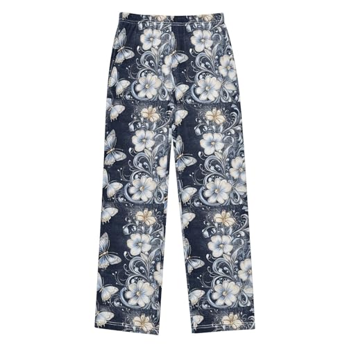 Pajama Pants Sleep Pants Soft Elastic Waist Pajama Lounge Pants Denim Background Ornate Floral for 6-14 Years Old