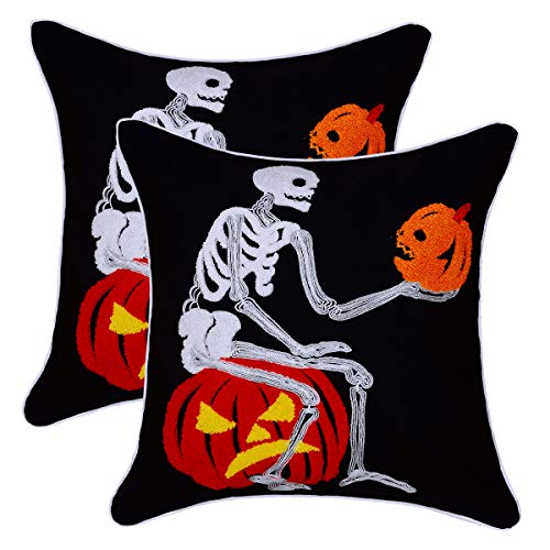 Grelucgo Lot de 2 housses de coussin brodées pour Halloween Motif squelette 45,7 x 45,7 cm Cover