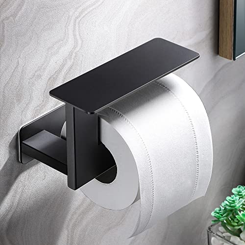 Dvocel Porte-papier toilette sans perçage - Autocollant - Rectangulaire - En acier inoxydable - Noir mat - Avec étagère pour salle de bain, toilettes, cuisine Cover