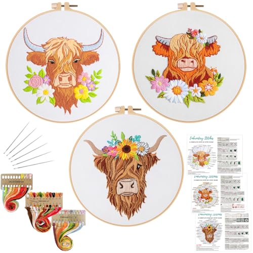 Louise Maelys 3 Sets Embroidery Kits for Beginners,Cross Stitch Kit for Adults,Starters DIY Needlepoint Including Hoop -Highland Cow and Florals Pattern