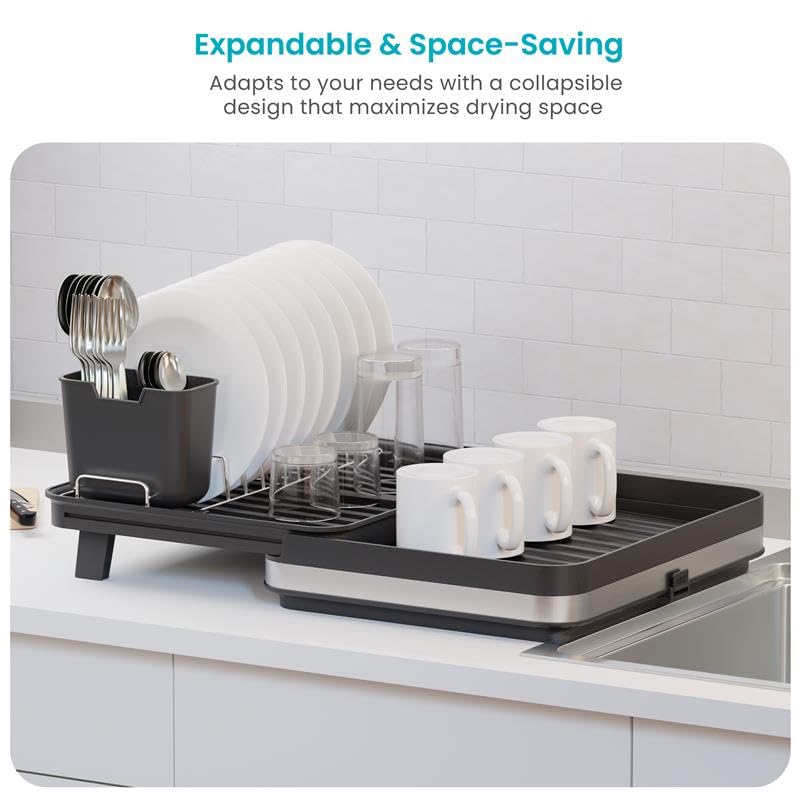 Image of Home Zone Living Dish Drying Rack for Kitchen Counter | Retractable Design with Adjustable Length and Utensil Caddy, 20.28 inch x 14.41 inch x 6.81 inch