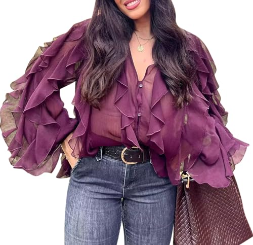 LETSVDO Women's Ruffle Chiffon Tops Puff Sleeve Sheer See Through Button Down V Neck Bubble Loose Casual Blouses Shirts