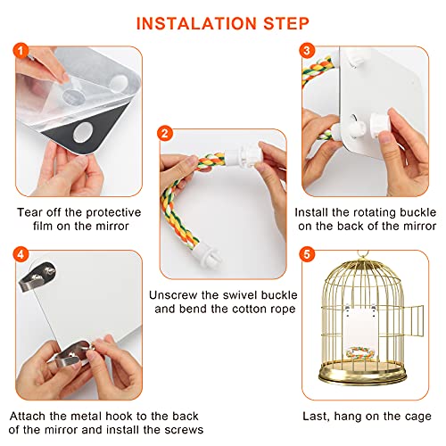 Image of AHIER 7 Inch Bird Mirror with Rope Perch, Bird Toys Swing Parrot Grinding Stone with Bell for Parakeet Cockatoo Cockatiel Lovebirds Canaries (Pack of 2)