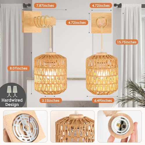 Image of Wood Wall Sconce Battery Operated Set of 2, Boho Rechargeable Rattan Wall Light with Remote Control, Farmhouse Dimmable Wireless Rustic Wall Lamp Indoor for Bedroom Living Room hallways Foyer