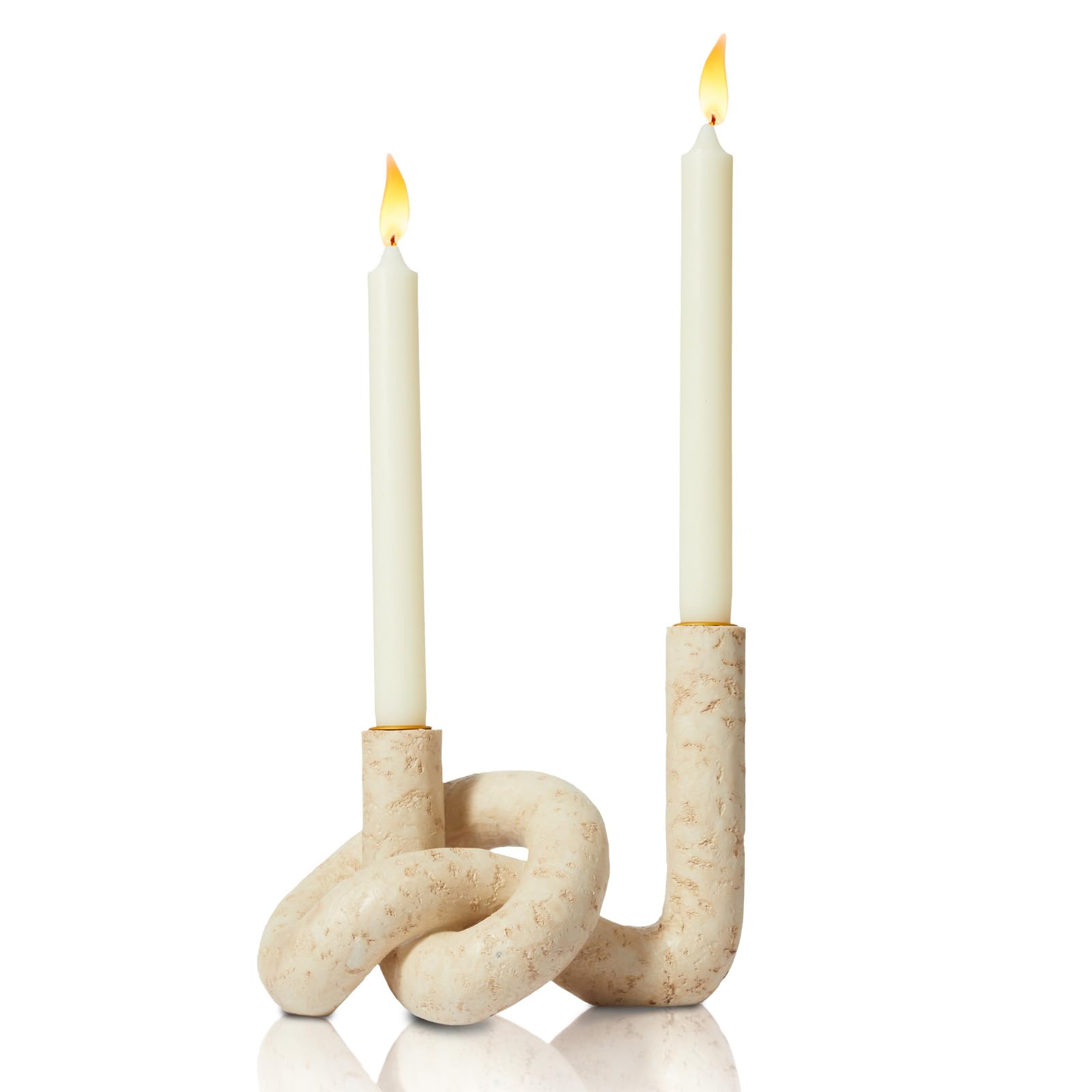 DN DECONATION Knotenförmige Stabkerzenhalter Kerzenständer Set, 2er Set Travertin-Effekt Resin Kerzenleuchter mit Gold Metall, Boho Deko & Tischdekoration für Wohnzimmer Kamin Tisch