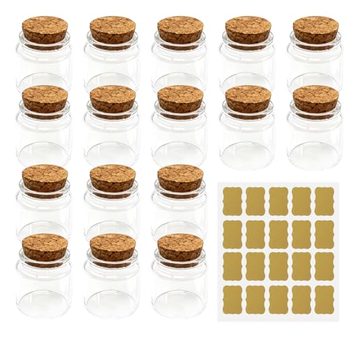 Runyu 16 Stück Mini Glasflaschen mit Korken, 50ml Kleine Fläschchen zum Befüllen, Gewürzgläser, Phiolen, Wunschflaschen für Hochzeitsgeschenke, DIY, Party Dekoration, Vorratsglas
