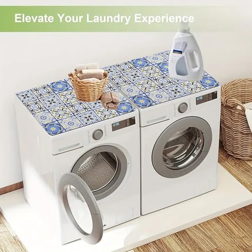 Image of HomeCloud Washing Machine Protective Mat for Top of Washer and Dryer - Non-Slip Waterproof Dust Cover for Laundry & Kitchen (60 x 60) (Blue Yellow)