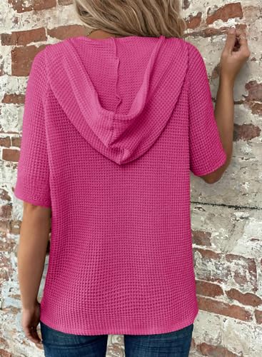Image of Dokotoo Womens Summer Tops Waffle Knit Short Sleeve Lightweight Drawstring Hoodies Button V Neck Casual Blouses Shirts