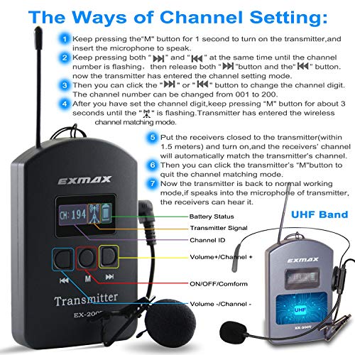 Exmax Ex-200N Uhf Wireless Tour Guide System Church Translation Equipment 200 Channels For Firing Range Training, Cathedral, Cultural Trips - 2 Transmitters & 30 Receivers & 32-Slot Charge Case #TOP7