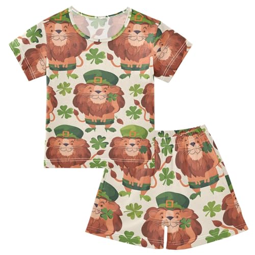 ALAZA Lion Clover Leaf Cartoon Pajamas Short Sleeve 2 Piece Sleepwear Top and Bottom Pajama Set Unisex