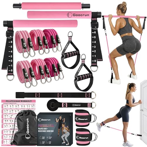 Image of Goocrun Portable Pilates Bar Kit with Resistance Bands for Men and Women - 3 Set Exercise Resistance Bands - Multifunctional Home Gym - Supports Full-Body Workouts - with Fitness Poster and Video