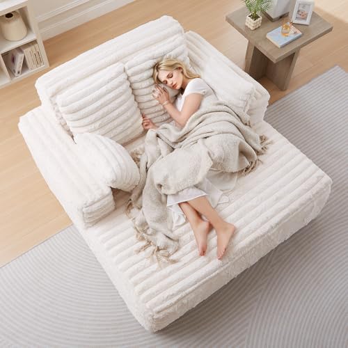 Image of JEEOHEY 56 inch Oversized Chaise Lounge Chair Indoor,Plush Faux Fur Sleeper Sofa Couch Bed with Pillows&Wide Armrests,Fluffy Comfy Cloud Couch,Compression Foam Couch for Living Room,Bedroom(Beige)