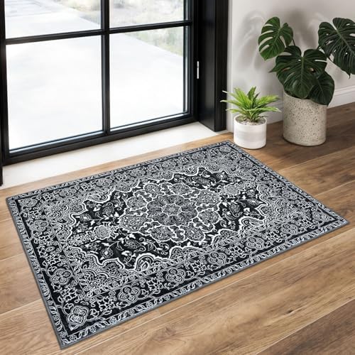 KUTA Oriental Medallion Small Area Rug 2x3 Black Washable Non-Slip Entryway Rugs Soft Printed Retro Vintage Floral Accent Rug for Farmhouse Kitchen Throw Doormat for Entrance