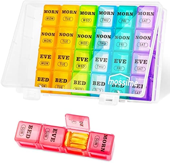 XL Large Weekly Pill Organizer 4 Times a Day, 7-Day Pill Boxes and Organizer AM PM, Big Compartments Pill Case, Monthly Medication Organizer 28 Days Dispenser for Fish Oils, Vitamin Holder Supplement