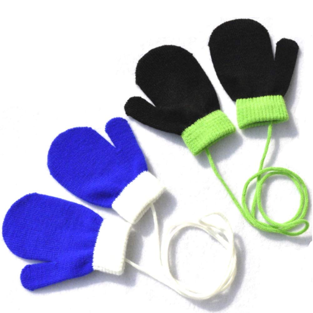 Teensery2 Pairs Baby Winter Stretch Gloves Cute Thickening Warm Full Finger Knitted Warm Mittens with String for Infant Toddler Unisex Boys Girls
