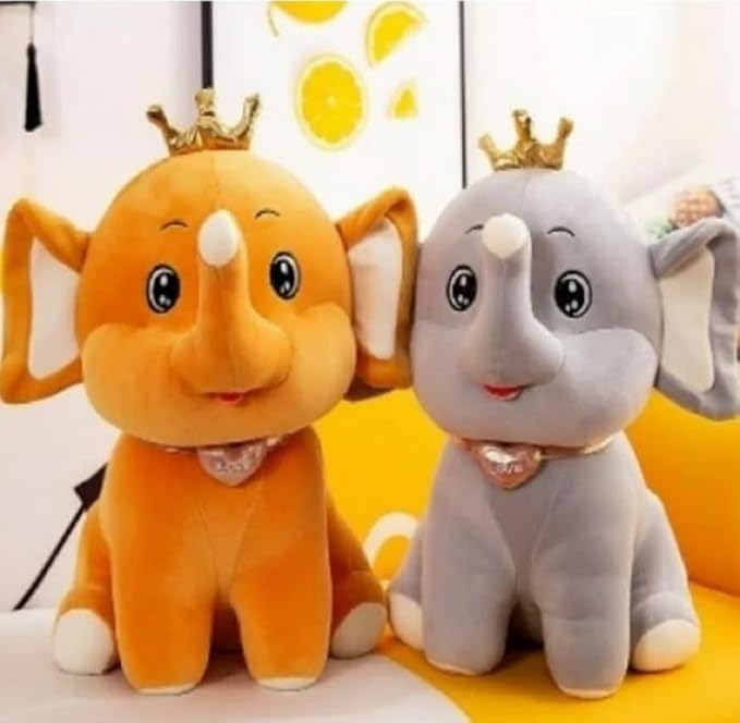 Image of Lovely Elephant with Crown Super Soft Stuffed Plush Toy Cartoon Characters Kids Favorite Ellie Soft Toy Animal Smile Home Decoration Item 35 cm