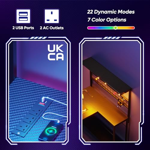 Bestier L-Shaped Gaming Desk with Power Outlets, LED Workstation with 4 Tiers Shelves for Home Office, Gamer Reversible Table with Hooks and Cup (BDCF, 106cm) - Image 6