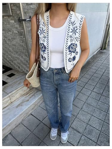 Milumia Women's Floral Embroidery Waistcoat Boho Open Front Sleeveless Jacket Vests4