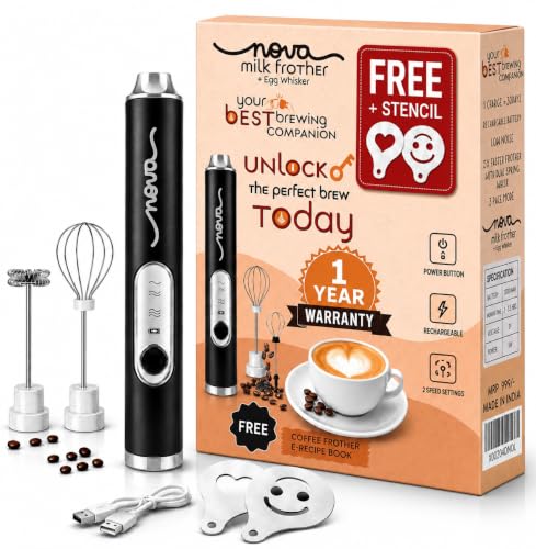 Image of Nova Premium Coffee Frother 1 Year Warranty Electric Handheld Milk Frother for Coffee, Latte & Cappuccino | High Speed Foam Maker with Stainless Steel Whisk | Portable Coffee Beater Bundle Pack