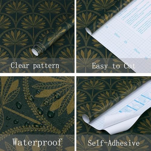 Image of Veki Luxury Floral & Botanical Geometric Wallpaper Mural - Waterproof, Moisture-Proof, Self-Adhesive PVC Wall Sticker for Home & Hotel Decoration (45cm x 300cm) (Green Gold Leaf)