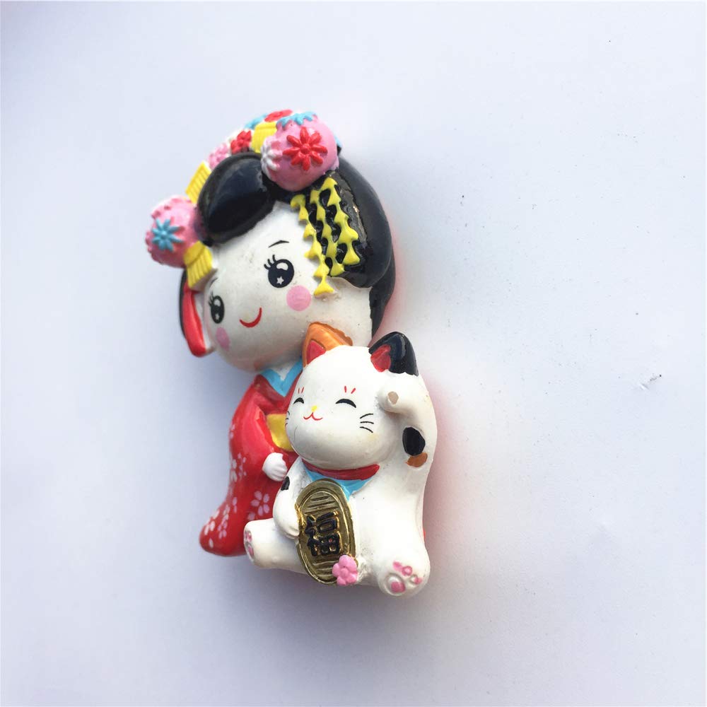 Magnete Frigorifero 3D Giappone - Ragazza In Kimono E Maneki Neko (Gatto Portafortuna) - Souvenir Decorativo