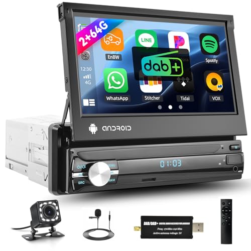 DAB+ 2G+64G 7 Zoll Navi Autoradio 1 Din Android 13 mit Wireless Carplay Android Auto, 7 Zoll Touch Ausfahrbarem Manuelle Display mit Mirror Link GPS WiFi USB DSP FM/RDS Radio SWC+Rückfahrkamera DAB+ 2G+64G 7 Zoll Navi Autoradio 1 Din Android 13 mit Wireless Carplay Android Auto, 7 Zoll Touch Ausfahrbarem Manuelle Display mit Mirror Link GPS WiFi USB DSP FM/RDS Radio SWC+Rückfahrkamera